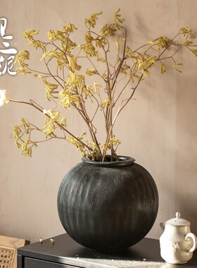 粗陶花器月亮罐景德镇陶瓷瓶禅意装饰品雕刻新中式干花水插花花瓶