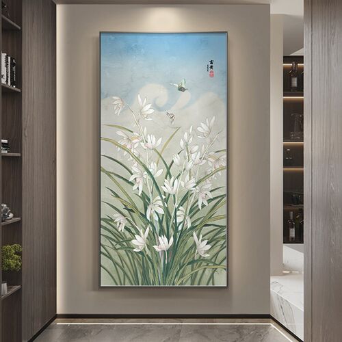 鹊上枝头入户玄关装饰画竖版新中式禅意走廊过道挂画花鸟茶室壁画