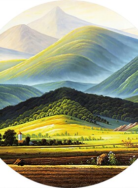 新中式大气绿色山水圆形装饰画流水生财壁画入户玄关自粘墙贴画