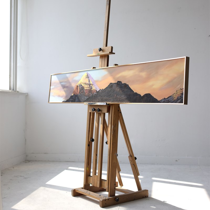 手绘冈仁波齐油画日照金山客厅装饰画 金色铝合金框沙发背景墙横