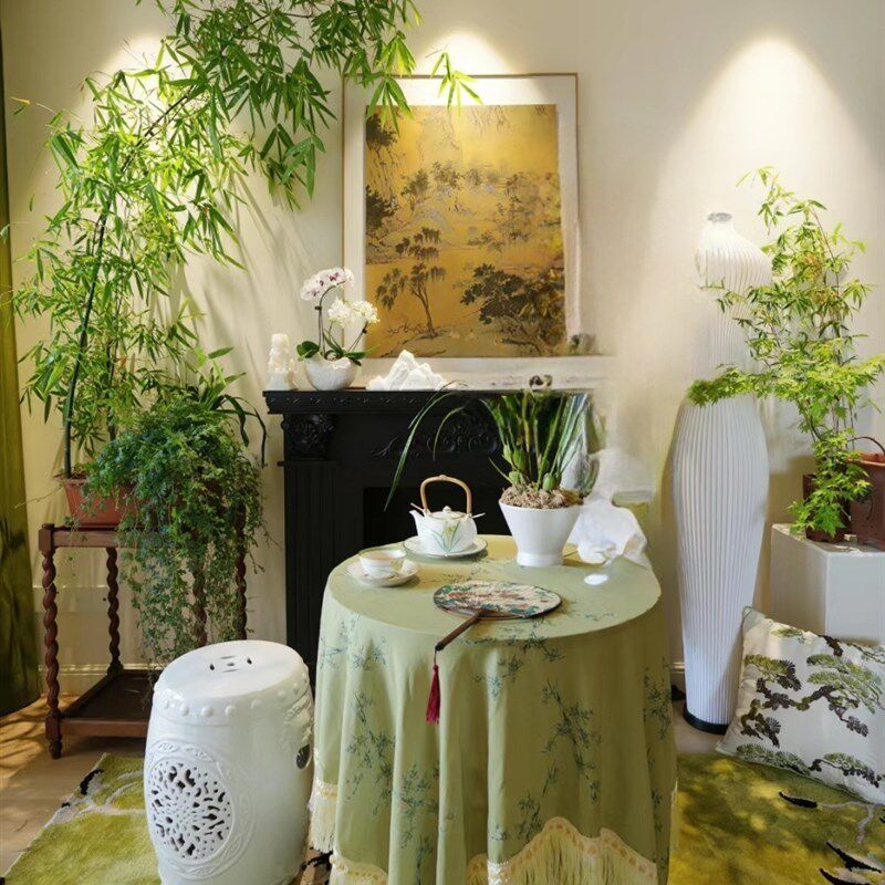 新中式竹子图案古典雅致桌布艺复古流苏文艺台布边几布餐桌布家用