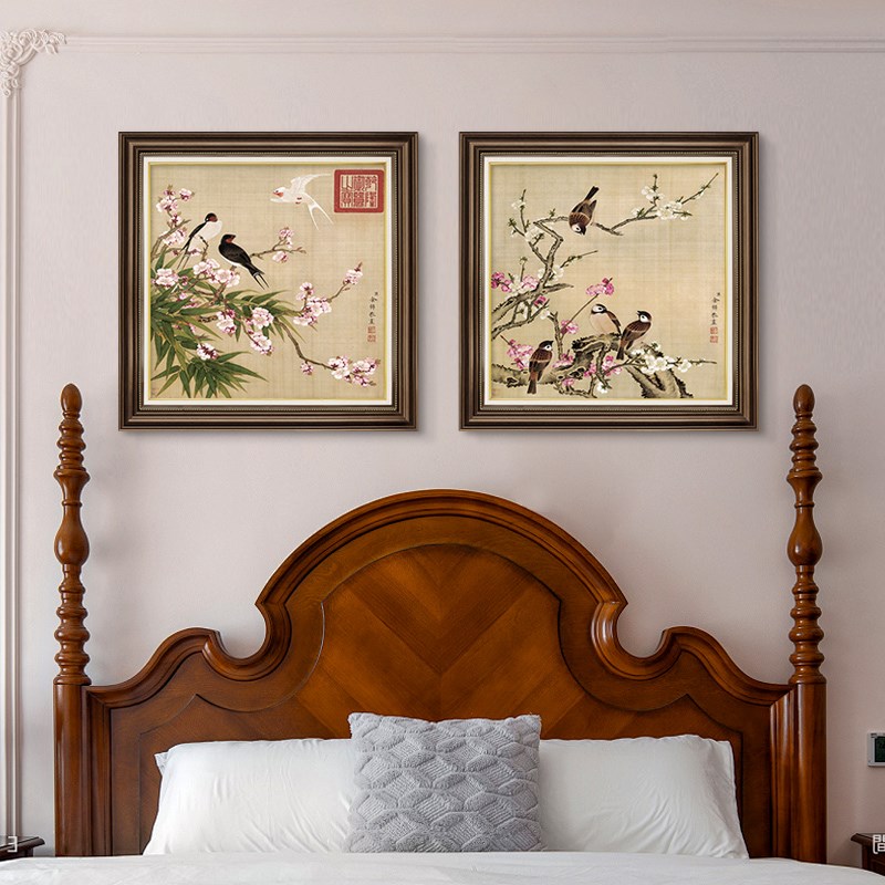 卧室床头装饰画美式主卧挂画复古油画欧式大气房间两联壁画高级感
