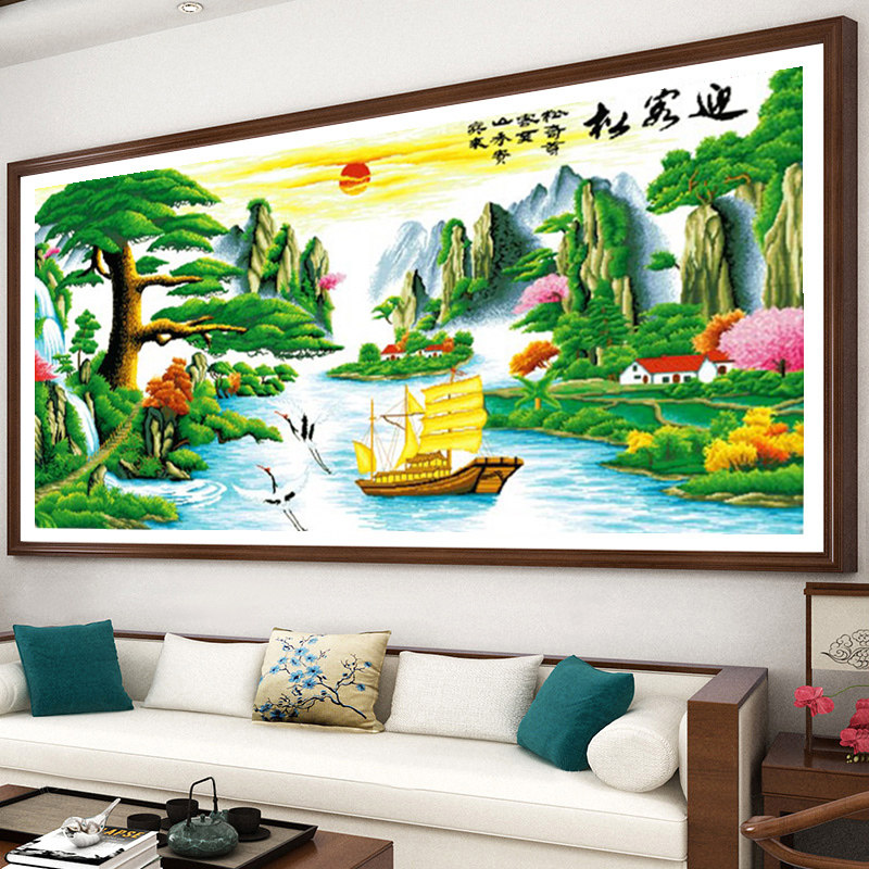 成品迎客松2023新款机绣纯手工十字绣已绣好的风景山水画一帆风顺