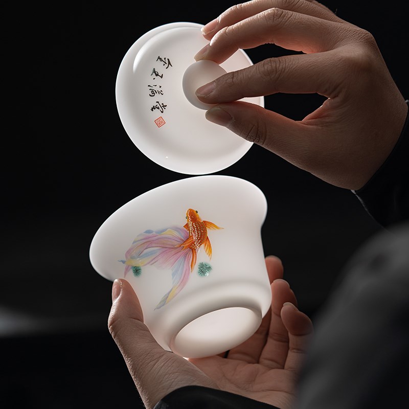 记今朝《锦鲤》金鱼 旅行茶具套装 一壶二杯 德化羊脂玉白瓷高档