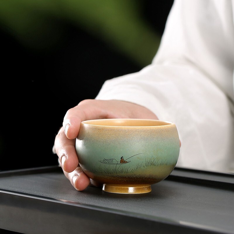 金镶玉高端陶瓷窑变女士茶杯单杯中式纯全手绘主人杯高档品茗茶盏