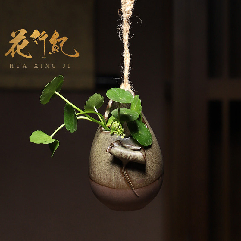 悬挂式陶瓷手工吊盆麻绳挂式垂吊装饰创意花器插花花瓶复古花盆