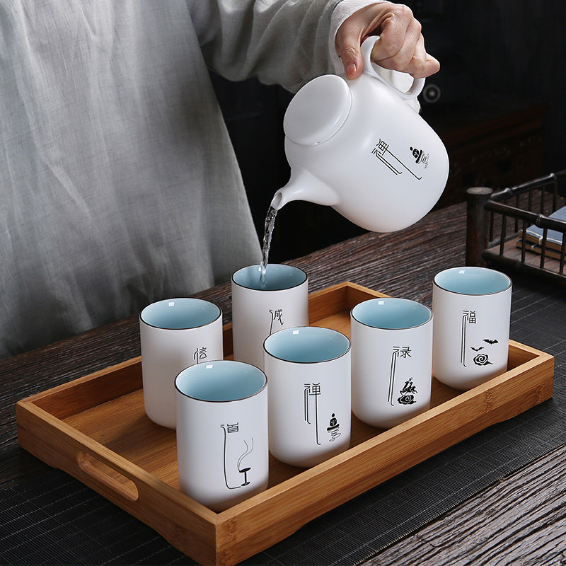 日式创意水具八件套家用陶瓷大号茶壶茶具简约风办公室创意水杯