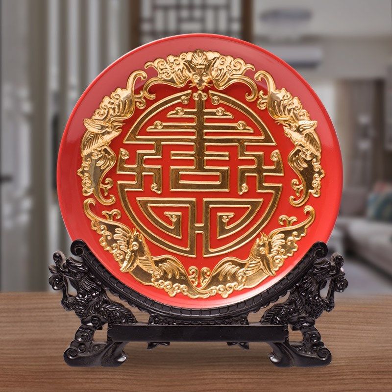 五福捧寿陶瓷盘子漆线雕工艺品桌面摆件送老人生日礼品祝寿礼物