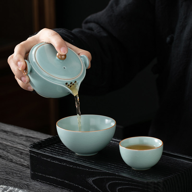 汝窑快客杯一壶一杯单个人专用手抓泡茶壶茶杯简易便携式旅行茶具
