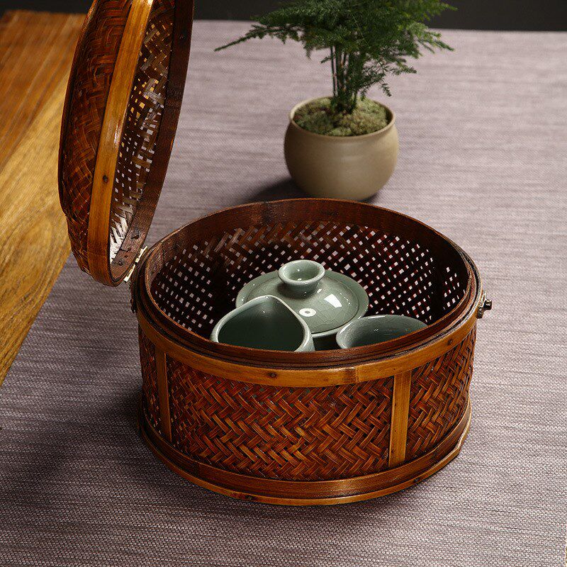 竹编复古手提收纳箱茶具收纳盒整理盒化妆品收纳箱仿古带盖首饰盒