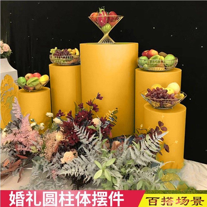 金色白色铁艺圆柱甜品台婚礼森系气球装饰五件套蛋糕架