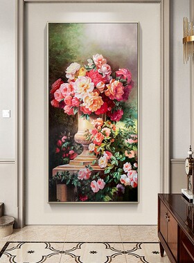 纯手绘油画美式玄关装饰画欧式过道竖版壁画客厅牡丹挂画花开富贵