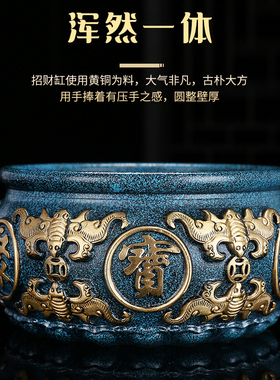 黄铜八福聚宝盆摆件百福铜缸玄关客厅办公室酒柜装饰工艺品特大号