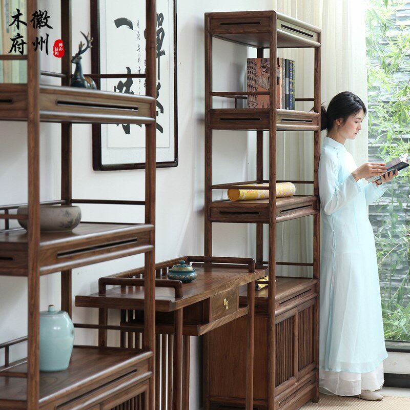 徽州木府新中式书架展架博古架榆木茶叶茶具展示架实木三件套包邮
