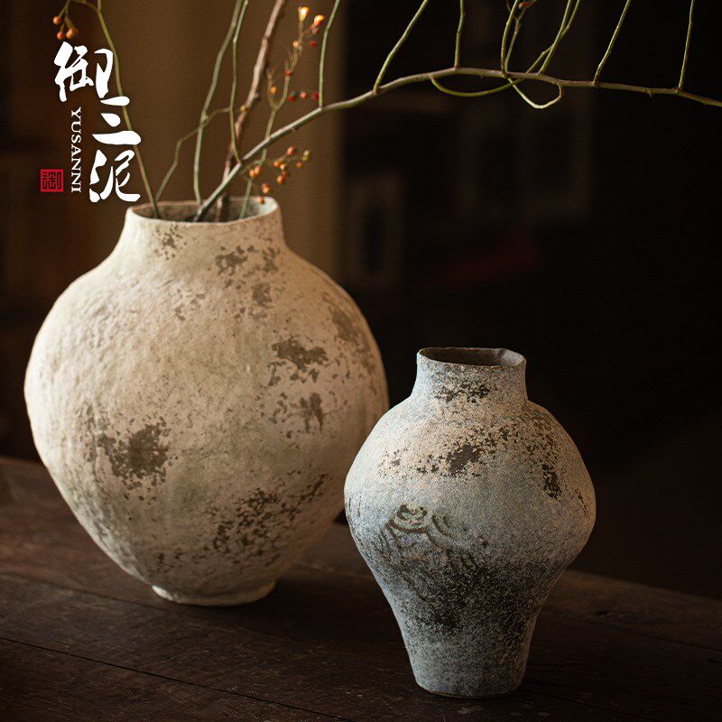 御三泥纯手工复古陶瓷花瓶新中式高级感轻奢家居禅意摆件拾光花器