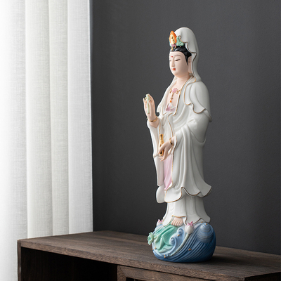 站立观音菩萨佛像南海观音菩萨佛像摆件家用供奉陶瓷渡海观世音菩