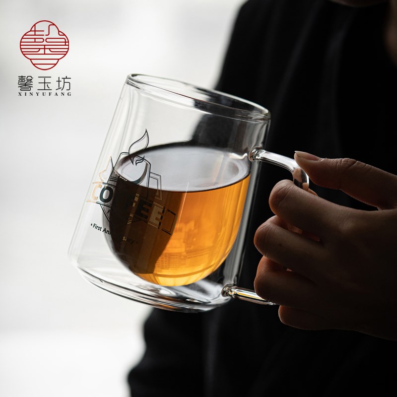 馨玉坊双层玻璃杯耐高温马克杯带把手咖啡杯水杯网红泡茶杯子大号
