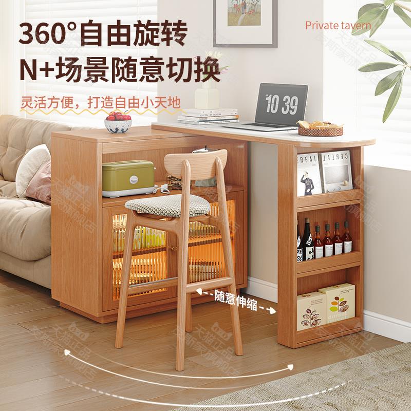 实木吧台桌伸缩阳台休闲小吧台家用餐柜一体樱桃木色整体橱柜隔断