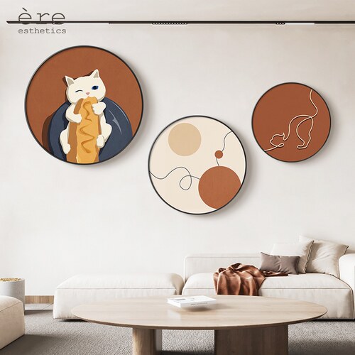 网红北欧创意餐厅背景墙装饰画可爱猫咪圆形客厅壁画挂画搭配组合