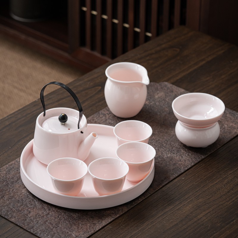 羊脂玉瓷粉色提梁壶功夫茶壶单壶白瓷泡茶家用陶瓷日式茶具带过滤