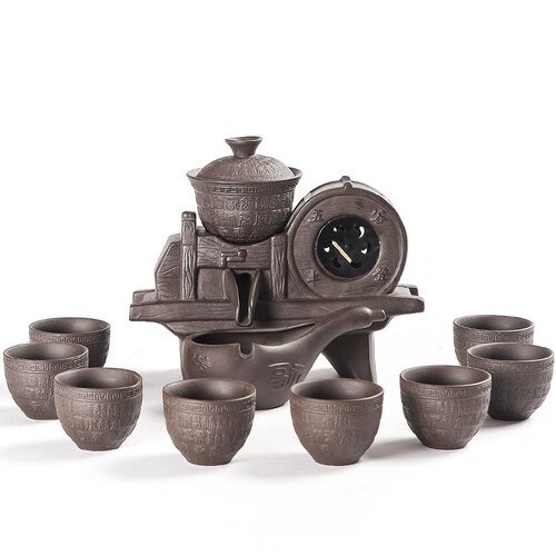 紫砂半自动五谷丰登复古功夫茶具套装家用景德镇茶杯茶艺套装10件