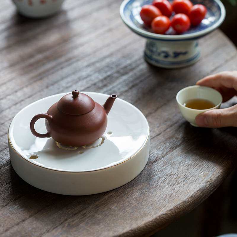 壶承干泡台托盘茶承底座盖碗茶壶中式圆形蓄水描金禅意白瓷简约