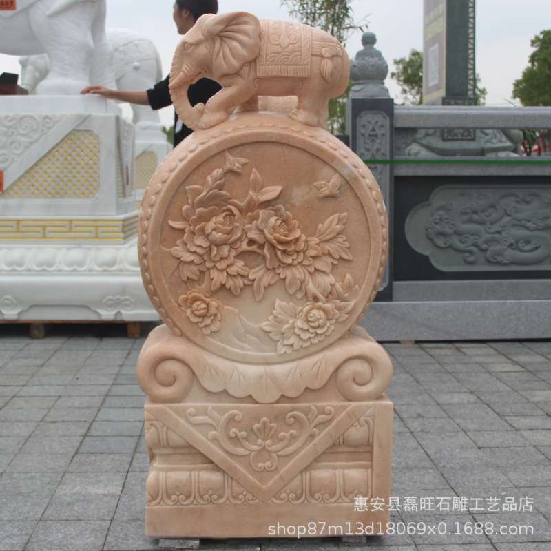 厂家直销晚霞红抱鼓石 石雕牡丹纹门鼓 石刻大象门墩中式门口摆件