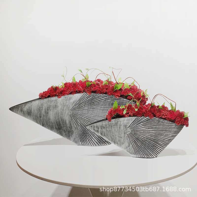 新中式花艺现代桌面仿真绿植售楼处三角扁花盆装饰品客厅餐桌摆件