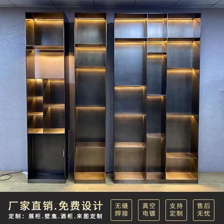 制定黑钛不锈钢装饰壁龛柜无缝展示架置物钢板电镀玫瑰金镜面酒柜