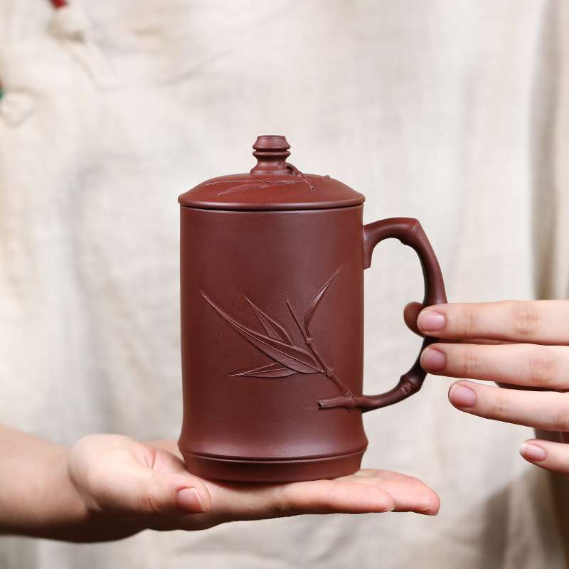 厂家直供紫砂杯中式紫砂带盖主人杯家用养生泡茶杯紫泥贴花竹节杯