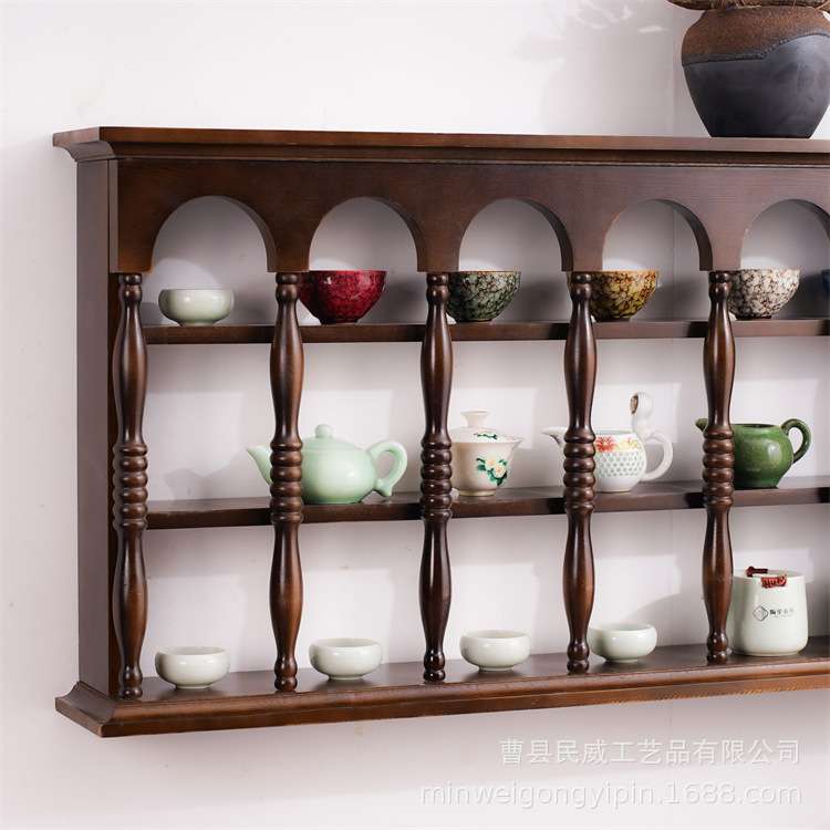 中古实木杯子展示架法式多格木制咖啡杯架复古壁挂木质吊柜茶杯架