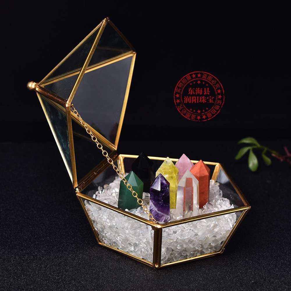 天然水晶柱七星阵玻璃房消磁碗六棱单尖柱能量石花房收纳盒摆件