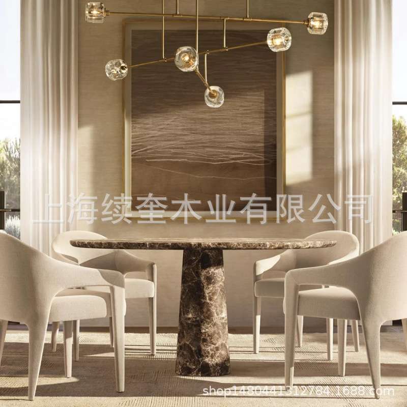 RH简约天然洞石圆形桌餐椅组合家用餐厅家具别墅亚马逊出口工厂