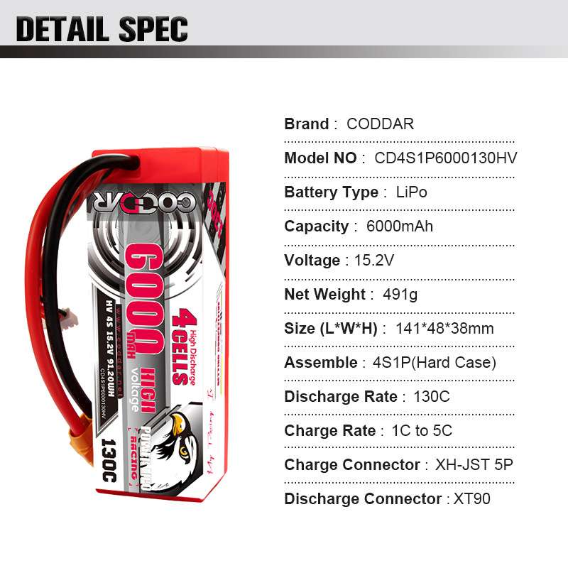 鹰氪CODDAR 6000mAh 4S 15.2V 130C 长车电船RC硬壳出线高压锂电