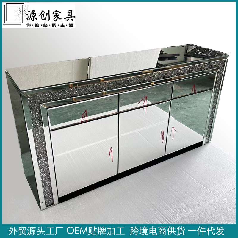 镜面餐边柜玻璃橱柜储物柜轻奢斜边柜客厅家具多门抽屉柜外贸直销