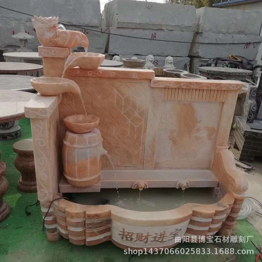 家居流水石雕鱼池 水幕墙晚霞红石雕多层组合庭院影壁墙流水摆件