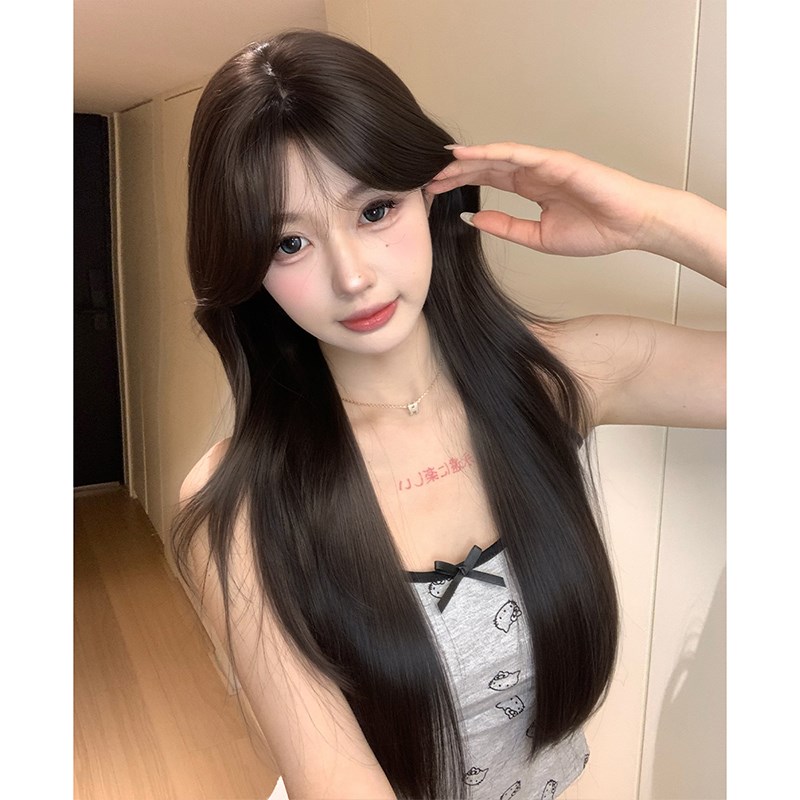 束朵黑茶色70cm长直假发 韩式微卷自然全头套假发 女性日常高层次