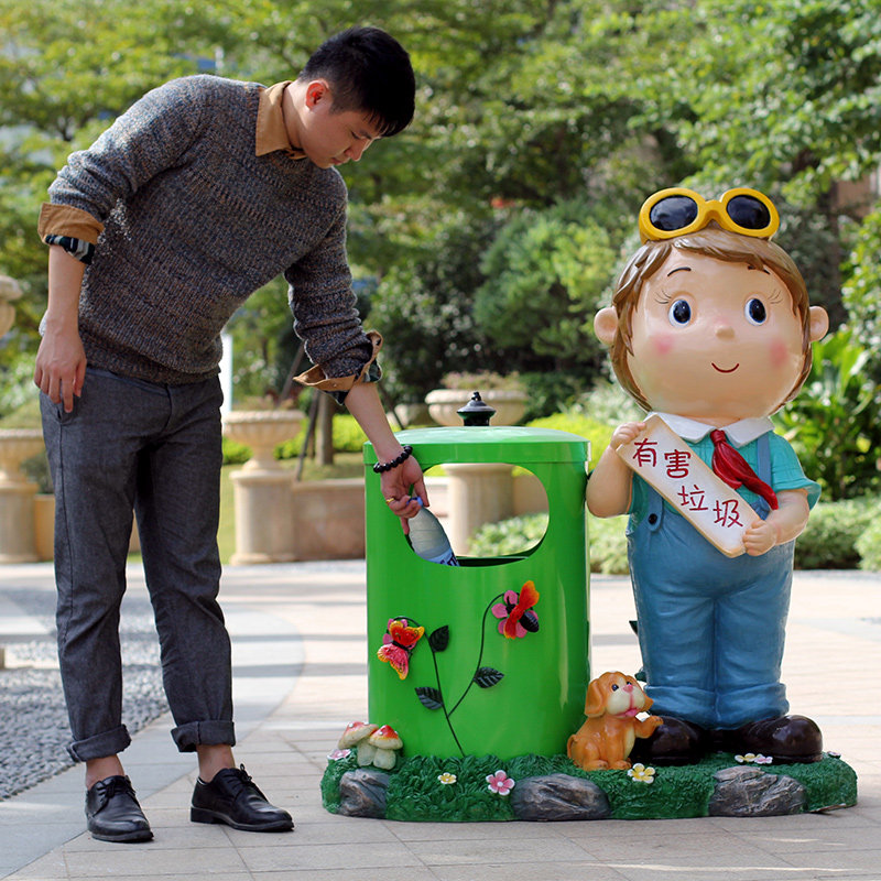 花园装饰品玻璃钢雕塑卡通小孩人物摆件园林景观幼儿园创意垃圾桶
