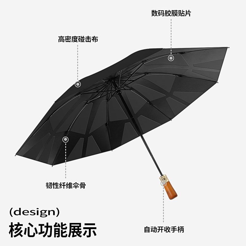 双人超大号雨伞106cm记忆贴片免折叠秒收反向黑胶防晒伞高级实木
