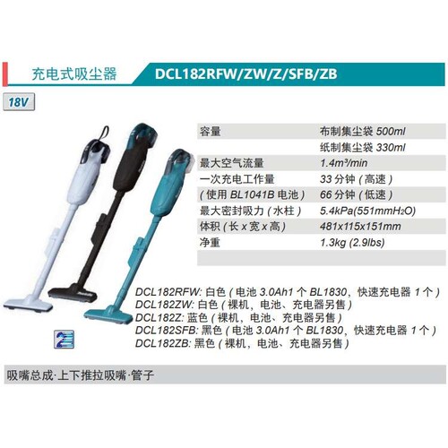 Maktia充电式吸尘器DCL182FRFW/FZW/ZB集尘袋式按键式开关