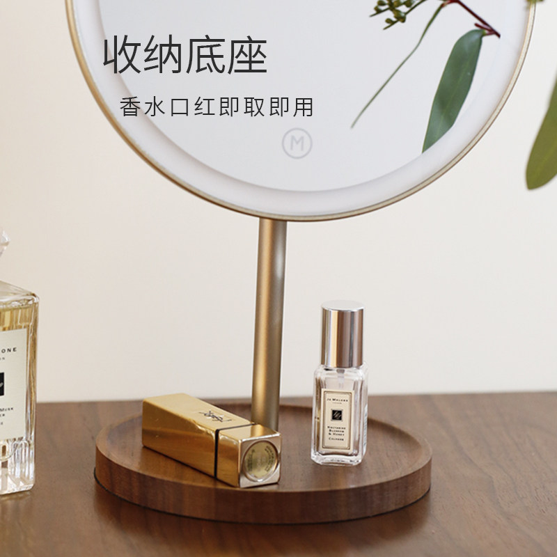 实木led化妆镜带灯三色补光美妆镜圆形旋转卧室桌面台式梳妆镜子