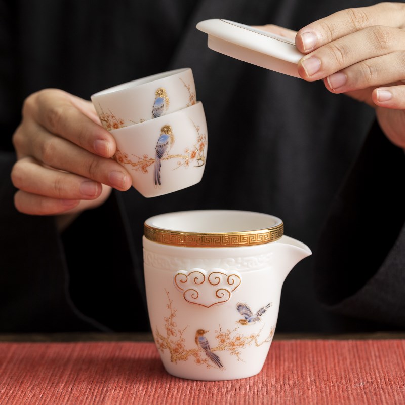 唐舍中国风羊脂玉瓷快客杯一壶二杯旅行茶具套装便携式泡茶壶礼品