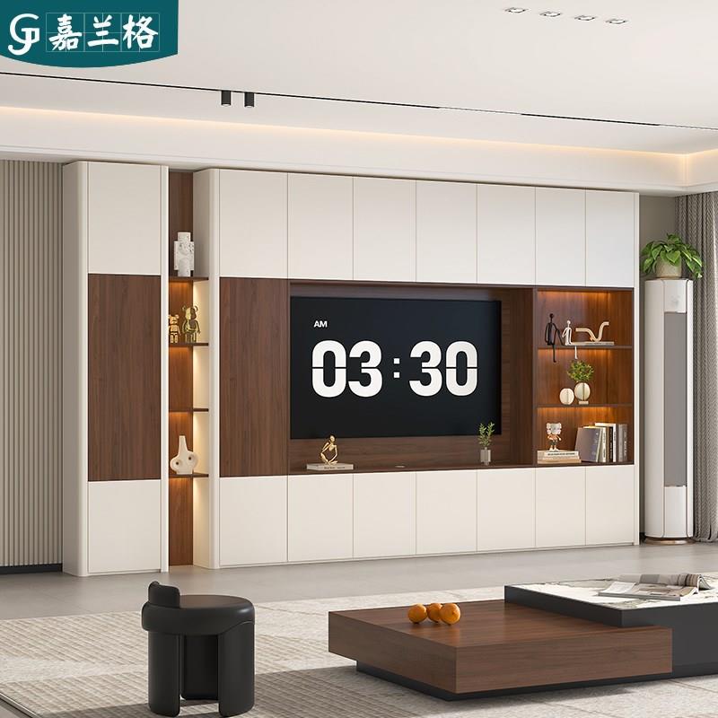 奶油中古风客厅家用电视柜一体组合墙柜靠墙收纳储物柜定制9D106