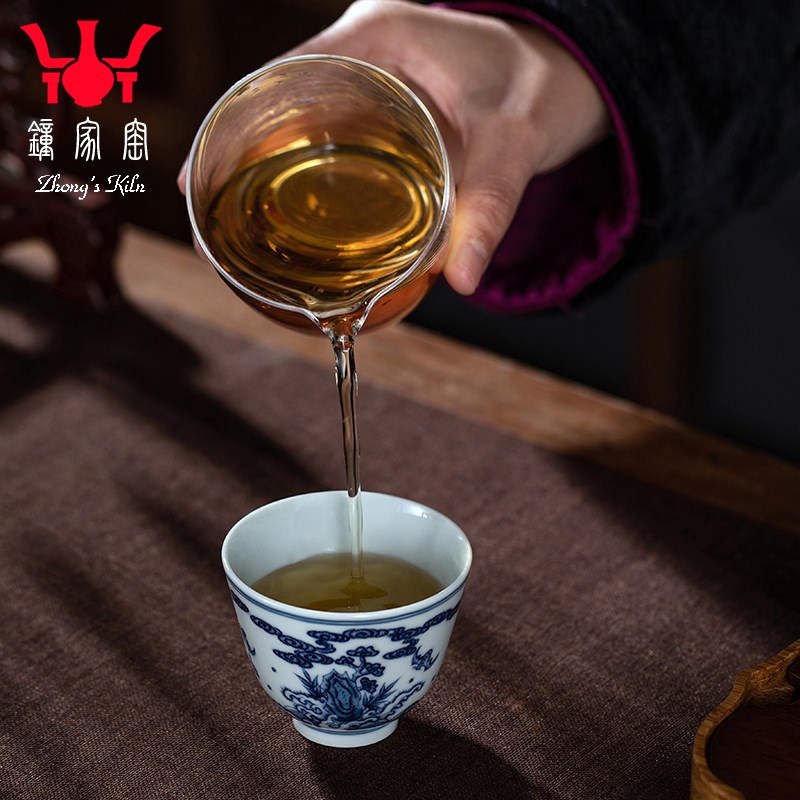 锺家窑收藏级手造瓷器仿古青花柴窑福山寿海主人杯陶瓷品茗杯单个
