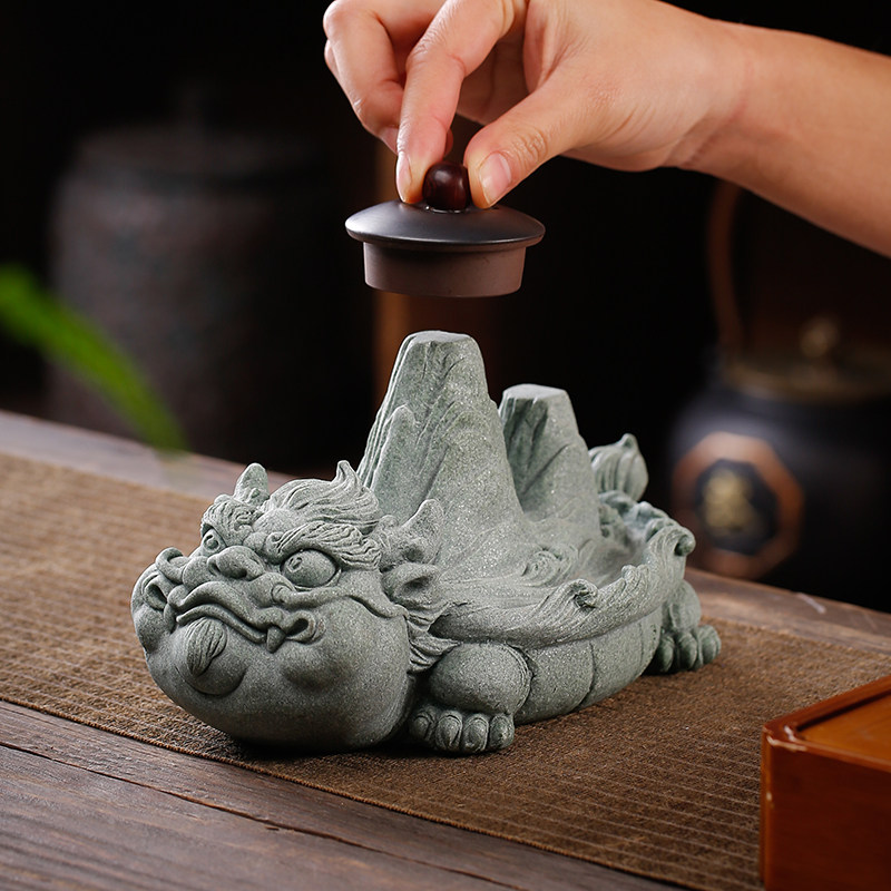 新中式龙龟青砂石茶宠摆件创意霸下盖置笔托鱼缸造景客厅桌面装饰