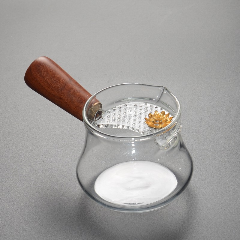 耐热玻璃公道杯日式侧把花梨木手柄小号镶嵌铜制莲花月牙分茶器