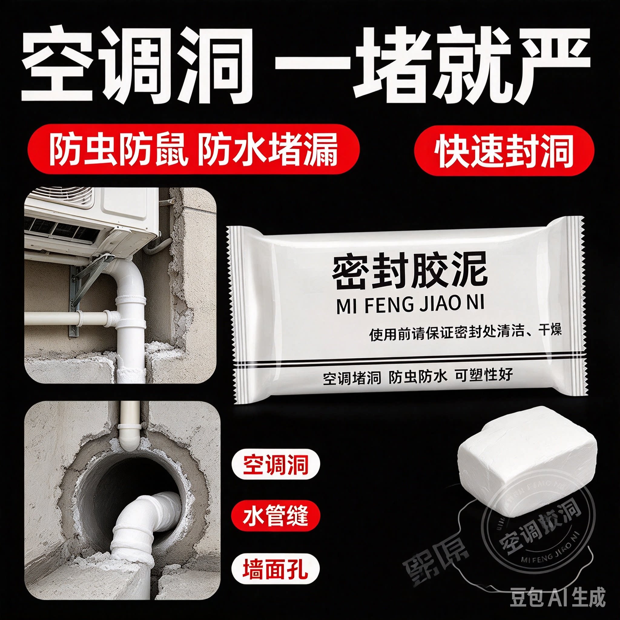 升级款密封胶泥补漏防水堵洞家用空调孔下水道封堵隔离异味防虫ZY