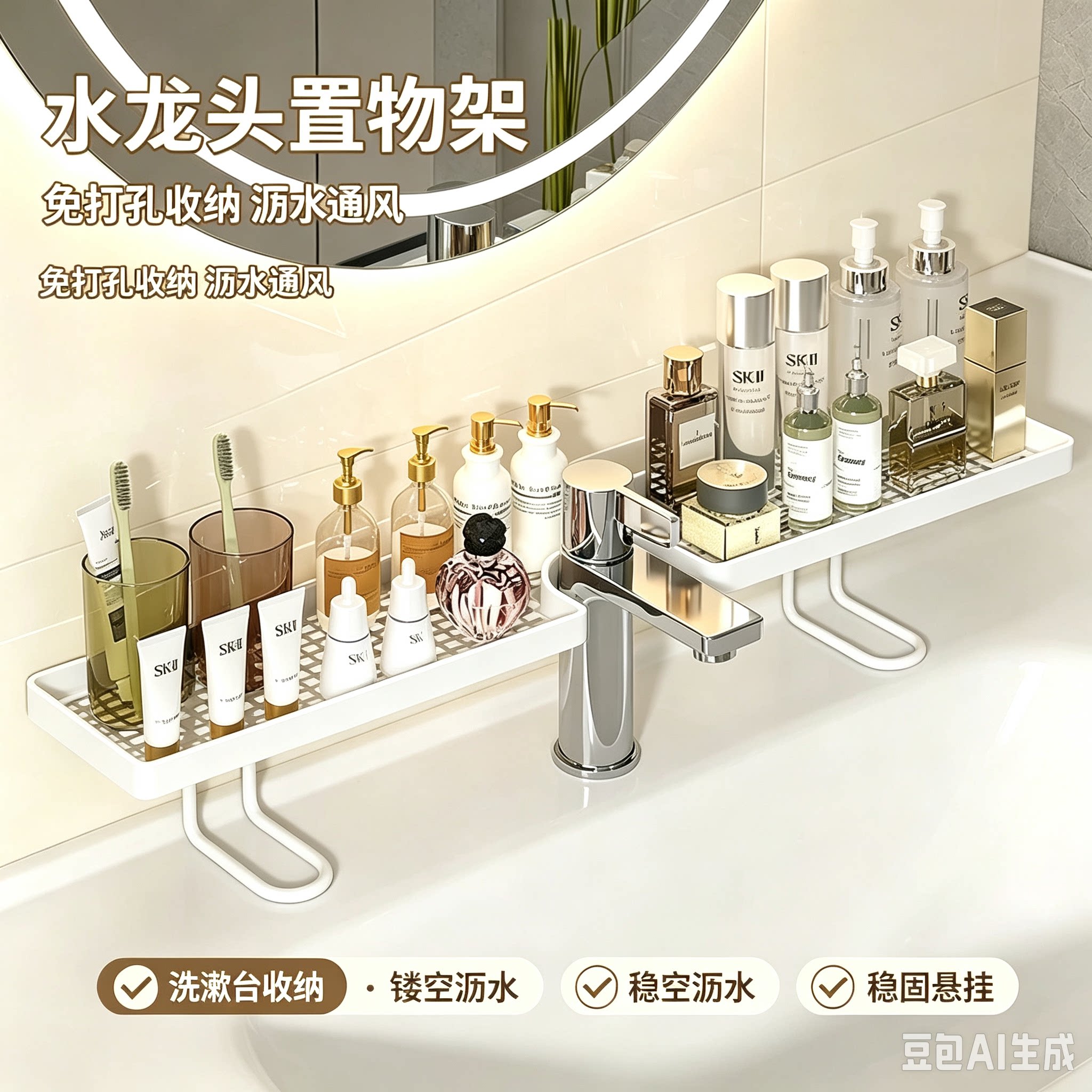 轻奢高颜值水龙头置物架卫生间洗漱台免打孔镂空沥水收纳架ZY
