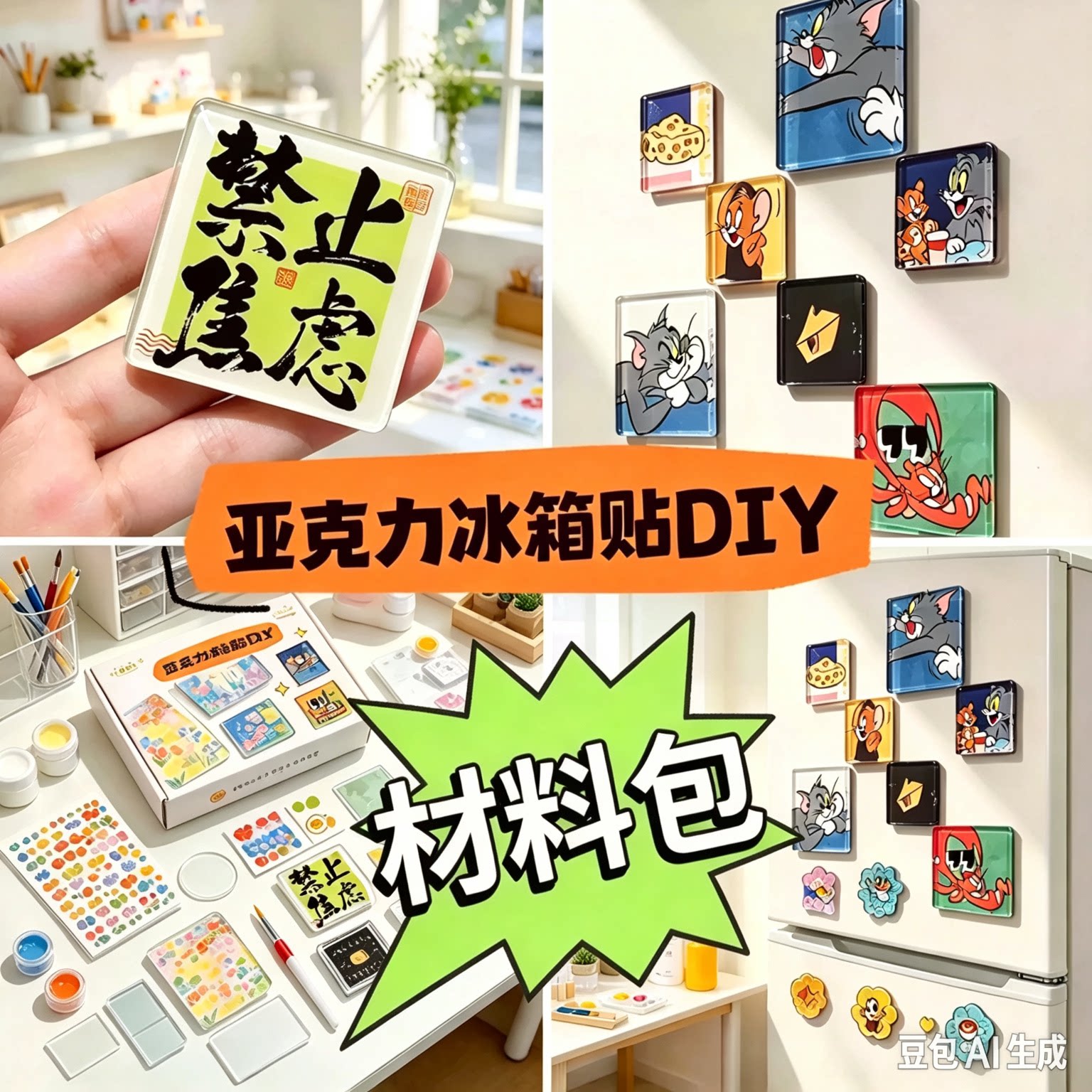 自制手工冰箱贴四方透明方砖ins风带磁片亚克力圆形材料包YY