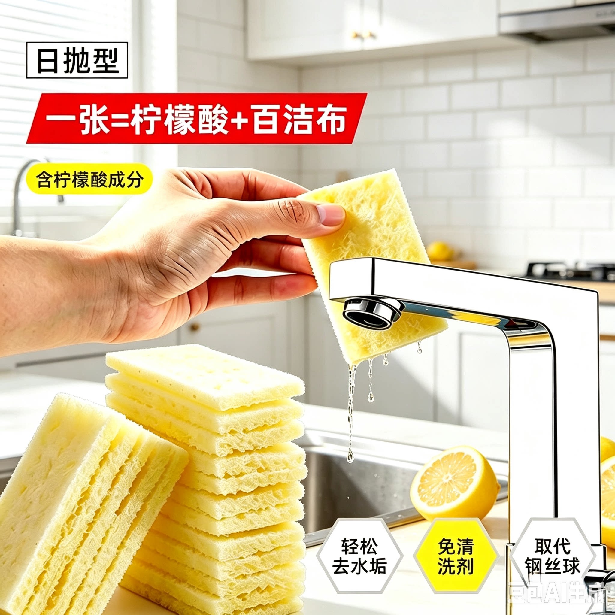 【网红爆款】柠檬酸百洁布强力去水垢水龙头花洒玻璃除垢海绵擦YY